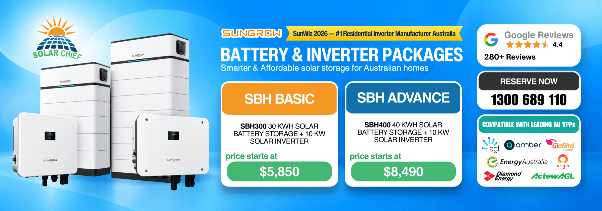 Sungrow battery and inverter packages | SBH300 30 kWh from $5,850, SBH400 40 kWh from $8,490, compatible with 7 Australian VPPs